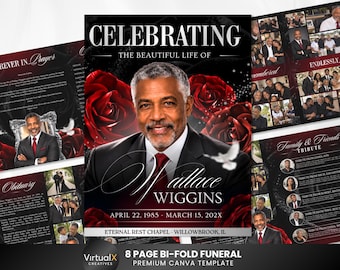 8 Page In Loving Memory Funeral Program, Obituary, Celebration of Life Pamphlet, Elegant Blue Roses Bi-Fold Booklet Template, Canva