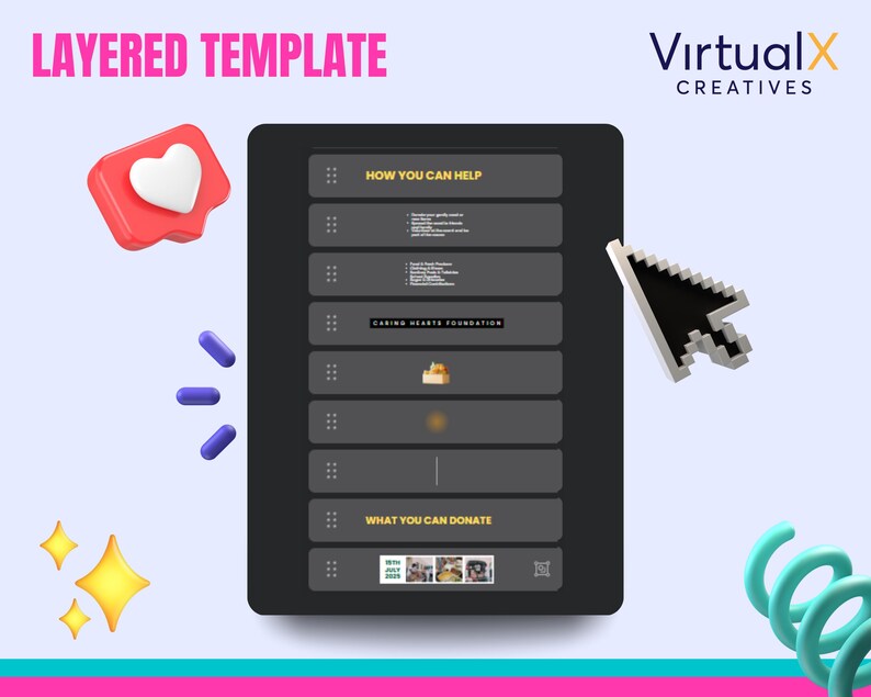 May include: A layered template for a social media post with the text "HOW YOU CAN HELP", "CARING HEARTS FOUNDATION", and "WHAT YOU CAN DONATE". The template is on a dark gray background with a white heart icon in the top left corner.
