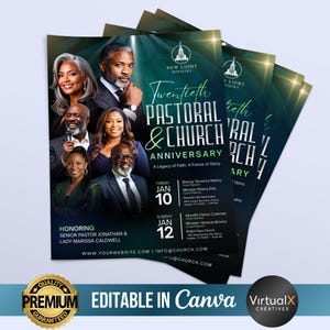 K&ouml;nnte beinhalten: Ein Stapel Flyer f&uuml;r das 20. Pastoral- und Kirchenjubil&auml;um des New Light Ministry. Die Flyer zeigen Portr&auml;ts mehrerer Personen und enthalten Veranstaltungsdetails, Daten und den Text "Editable in Canva."
