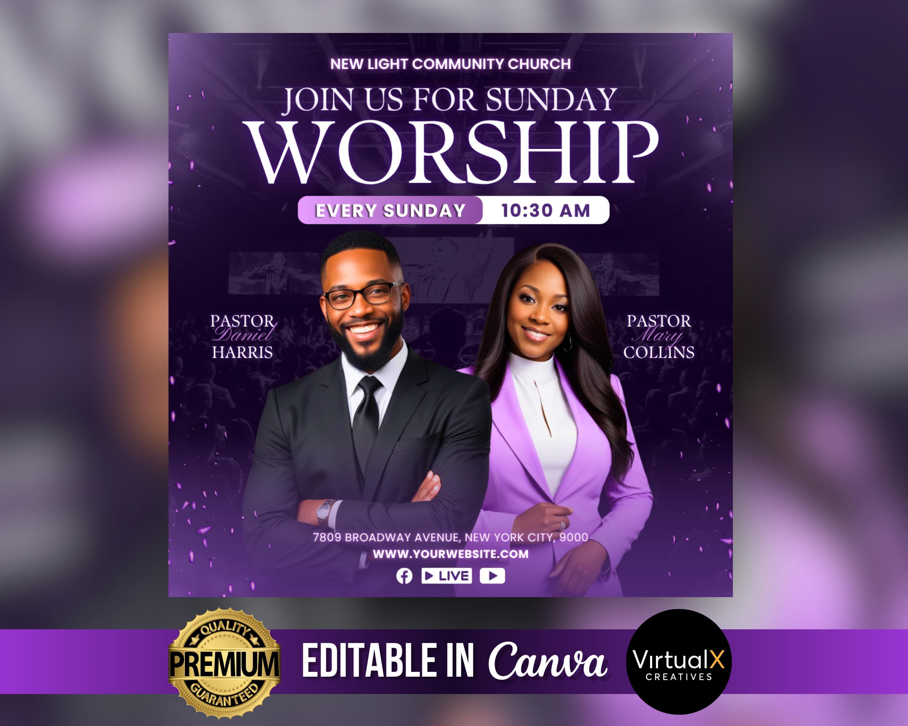 Church Invitation Template, Sunday Service Flyer, Purple Sunday Worship ...
