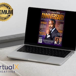 May include: A laptop displays a purple and gold flyer for the 2nd Pastoral Anniversary, featuring a portrait of Michael Johnson. The laptop is on a light-colored surface, with a gold "Premium Quality Guaranteed" seal in the upper left corner.