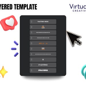 May include: A digital tablet with a dark gray background displays a "Fasting Week" template. The template includes text and a list of items. The image also features a red heart icon, blue pills, and a cursor.
