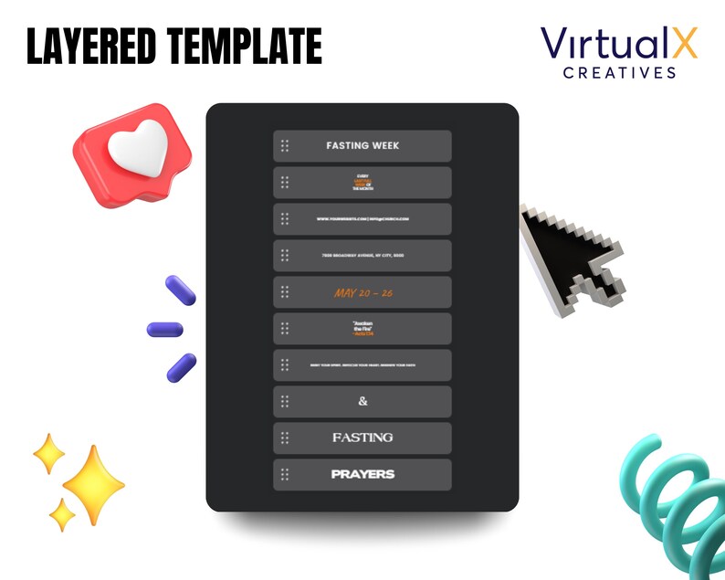 May include: A digital tablet with a dark gray background displays a "Fasting Week" template. The template includes text and a list of items. The image also features a red heart icon, blue pills, and a cursor.