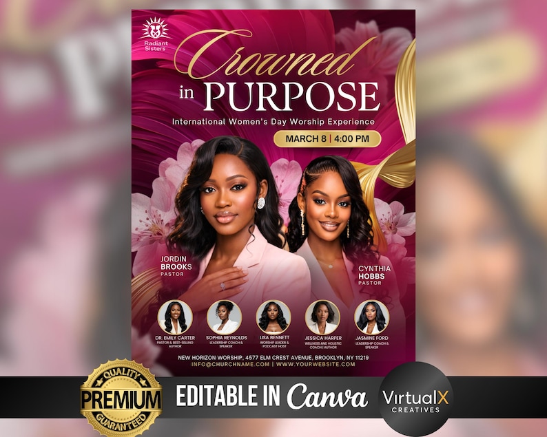 May include: A promotional poster with a magenta and gold color scheme. The text "Crowned in PURPOSE" is displayed prominently. The poster features portraits of two women and additional headshots. The event is for International Women's Day.