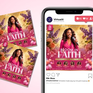 May include: A promotional flyer and a phone display featuring a woman in a pink blazer holding a microphone. The flyer and phone screen display the text "BLOOM IN FAITH" with floral accents and event details.