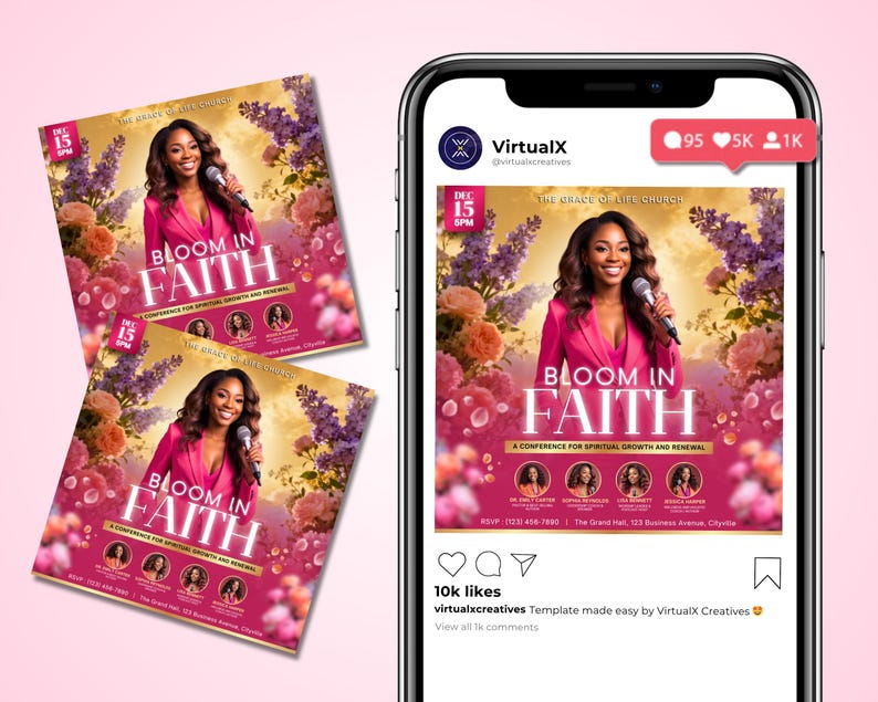 May include: A promotional flyer and a phone display featuring a woman in a pink blazer holding a microphone. The flyer and phone screen display the text "BLOOM IN FAITH" with floral accents and event details.