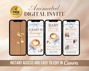May include: Animated digital baby shower invitation displayed on four smartphones. The design includes a coffee cup with a heart-shaped foam design, blue bows, and the text "A baby is brewing!" and "Baby Stacey". The invitation is easy to edit in Canva.
