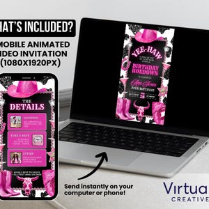 May include: A pink and black animated video invitation for a birthday party with the text "Yee-Haw Birthday Hoedown" and the name "Ana Jones".