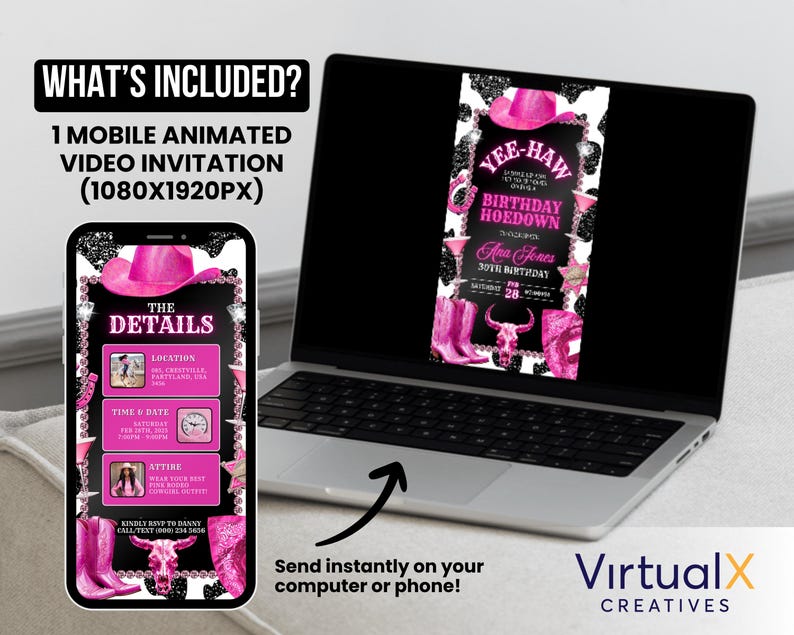 May include: A pink and black animated video invitation for a birthday party with the text "Yee-Haw Birthday Hoedown" and the name "Ana Jones".