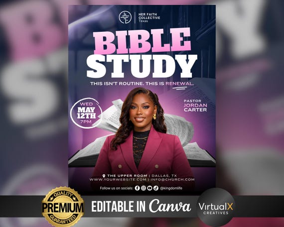 Bible Study Flyer | Midweek Service Poster | Women’s Ministry Event | Christian Church Promotion | Modern Pink Blue Design Canva Template