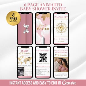 May include: A digital baby shower invitation displayed on six smartphones. The design features a pink and gold color scheme with travel-themed elements, including a passport and world map. The invitation includes the text "6 PAGE ANIMATED BABY SHOWER INVITE".
