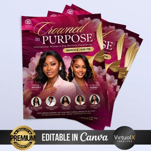 May include: A stack of flyers with a burgundy and gold design. The flyers promote an International Women's Day Worship Experience. The flyers feature two women and the text "Crowned in PURPOSE". The flyers also include the date and time.