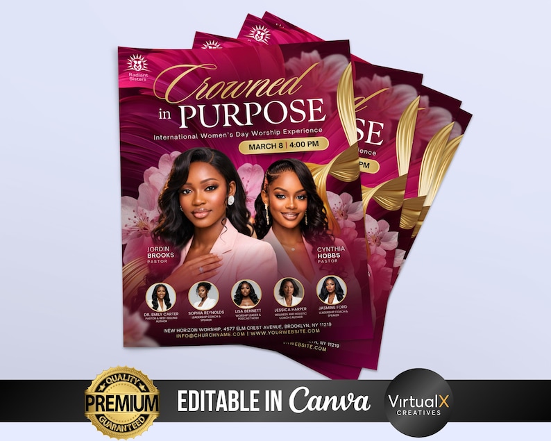 May include: A stack of flyers with a burgundy and gold design. The flyers promote an International Women's Day Worship Experience. The flyers feature two women and the text "Crowned in PURPOSE". The flyers also include the date and time.