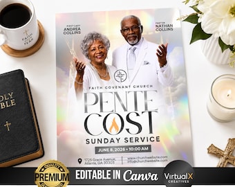 Pentecost Sunday Flyer | Holy Spirit Church Service Poster | Editable Fire Revival | Worship Event Program | All White Template