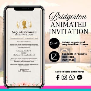 Animated Lady Bridgerton Invitation, Society Papers Video, Digital Victorian Party, Bridgerton Wedding Evite, Tea Party, Bridgerton Brunch