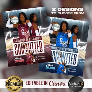 Könnte beinhalten: Zwei Designs mit einer Volleyballspielerin in weinroten und blauen Uniformen. Der Text enthält "University of Washington" und "Committed" mit dem Namen "Alexia Colburn". Das Bild enthält auch den Text "2 Designs to Choose From" und "Editable in Canva".
