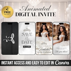 Salva la data Quinceañera Invitación, Mis Quince Años Birthday Invito, Video digitale XV in bianco e nero, Modello Canva animato fai-da-te