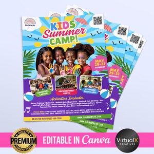 May include: A colorful flyer for a kids summer camp. The flyer features a bright blue background with palm trees and a beach scene. The text on the flyer reads "Kids Summer Camp!" and includes information about the camp's activities, dates, and registration information.