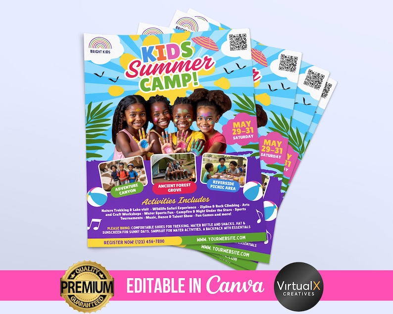 May include: A colorful flyer for a kids summer camp. The flyer features a bright blue background with palm trees and a beach scene. The text on the flyer reads "Kids Summer Camp!" and includes information about the camp's activities, dates, and registration information.
