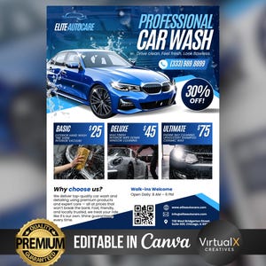 May include: A blue car wash advertisement with a blue car and the text "PROFESSIONAL CAR WASH." It lists car wash services and prices, including a 30% off promotion. The ad includes the Elite Autocare logo and contact information.