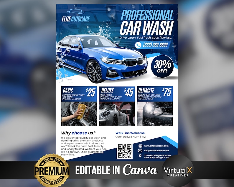 May include: A blue car wash advertisement with a blue car and the text "PROFESSIONAL CAR WASH." It lists car wash services and prices, including a 30% off promotion. The ad includes the Elite Autocare logo and contact information.