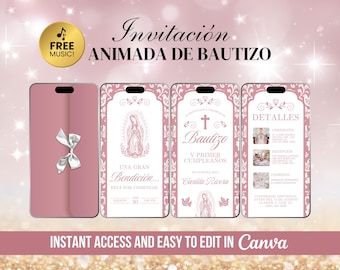 Cielito Lindo Baptism Invitation, Mexican Talavera Invite, Pink Mi Bautizo Video, Animated Hermoso Carino, Catholic Girl Spanish Evite