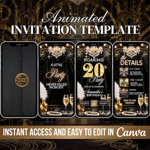 Roaring 20s Invitation, Animated Gatsby Theme Invite, Speakeasy Party, Harlem Renaissance, 1920s Digital, Black and Gold, Jazz Era Nights