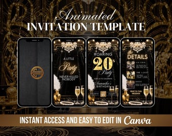 Roaring 20s Invitation, Animated Gatsby Theme Invite, Speakeasy Party, Harlem Renaissance, 1920s Digital, Black and Gold, Jazz Era Nights
