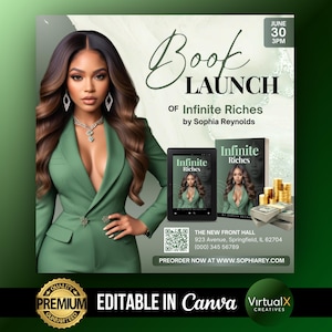 Book Launch Event Party, Author Book Release, Business Event Flyer, Modern E-Book Launch Template, Editable Canva DIY Book Cover Flyer