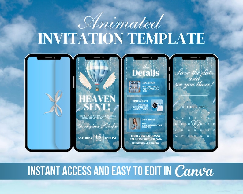 May include: A digital invitation template displayed on four smartphones. The design features a blue and white color scheme with cloud and sky backgrounds. Text includes "Animated Invitation Template", "Heaven Sent!", and "Instant Access and Easy to Edit in Canva".
