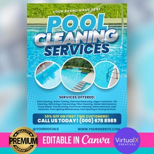 Pool Cleaning Service Flyer, Pool Care Business Flyer, Pool Expert Flyer, Swimming Pool Maintenance Flyer, DIY Canva Template Printable