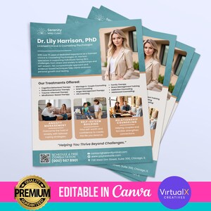 May include: A teal and brown flyer with a white border advertising counseling services from Serenity Mind Clinic. The flyer features a photo of Dr. Lily Harrison, PhD, a licensed clinical and counseling psychologist. The flyer lists various treatments offered, including anxiety management, self-esteem building, and relationship counseling. The flyer also includes contact information and a call to action to schedule a free consultation.