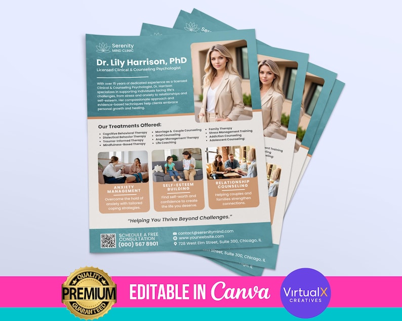 May include: A teal and brown flyer with a white border advertising counseling services from Serenity Mind Clinic. The flyer features a photo of Dr. Lily Harrison, PhD, a licensed clinical and counseling psychologist. The flyer lists various treatments offered, including anxiety management, self-esteem building, and relationship counseling. The flyer also includes contact information and a call to action to schedule a free consultation.