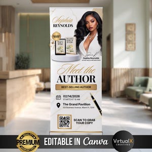 May include: A vertical retractable banner featuring a Meet the Author event for Sophia Reynolds. It displays a portrait of the author, two book covers, event details for 02/14/2026 at The Grand Pavillion, a fountain pen, and a QR code.
