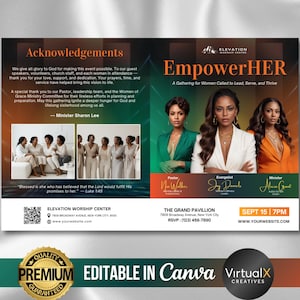 May include: A promotional flyer for the "EmpowerHER" event, a gathering for women. The design features three women, event details, and the text "Editable in Canva." The flyer includes the Elevation Worship Center logo.