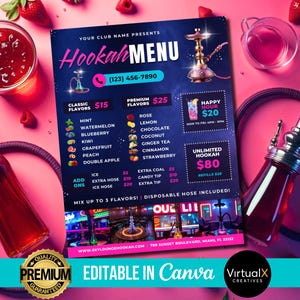Flyer menu narguilé, Flyer club modifiable, modèle de menu sur toile, menu de luxe, happy hour à imprimer, salon de narguilé, modèle d'événement bar-grill