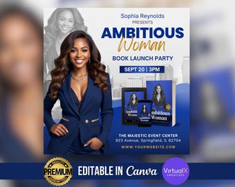 Evento de lanzamiento de libro, fiesta de lanzamiento de libro de autor, folleto para evento empresarial, plantilla moderna para lanzamiento de libro electrónico, coaching empresarial editable en Canva.