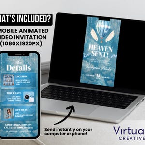 May include: A mobile animated video invitation displayed on a smartphone and laptop. The invitation features a blue hot air balloon design with the text "HEAVEN SENT!" and event details. The phone screen shows event details.