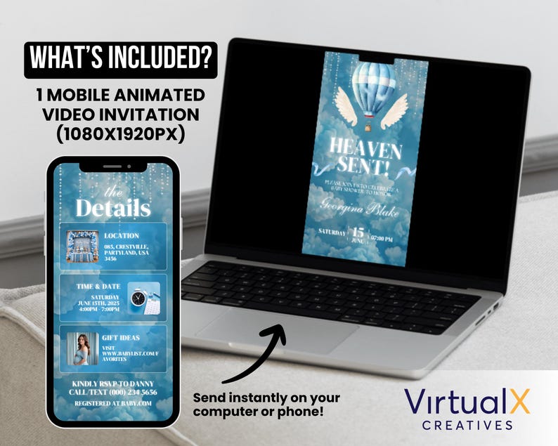 May include: A mobile animated video invitation displayed on a smartphone and laptop. The invitation features a blue hot air balloon design with the text "HEAVEN SENT!" and event details. The phone screen shows event details.