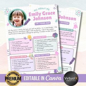 Back to School All About Me, Child Info Template, Special Needs Teacher Therapist Guide, Kids Intro, Autism, ADHD, IEPs, Speech Disorder