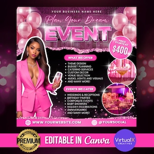 Event Planner Flyer, Party Planning Decoration, Wedding Planner, Event Planning Business Template, Party Rental, Event Venue, Canva Editable