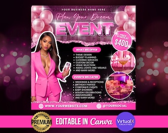 Event Planner Flyer, Party Planning Decoration, Wedding Planner, Event Planning Business Template, Party Rental, Event Venue, Canva Editable