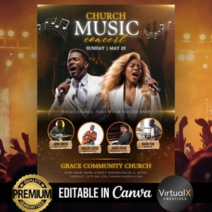 Church Music Concert Flyer, Sunday Service Flyer, Church Music Poster, Editable Gospel Concert, Prayer Conference, Church Revival Template