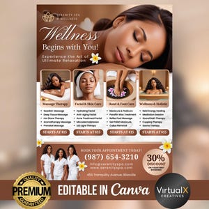 K&ouml;nnte beinhalten: Ein Flyer f&uuml;r Serenity Spa & Wellness, der eine Frau zeigt, die eine Massage erh&auml;lt. Der Flyer wirbt f&uuml;r verschiedene Spa-Dienstleistungen, darunter Massagetherapie, Gesichtsbehandlungen, Hand- und Fu&szlig;pflege sowie Wellness-Behandlungen. Der Flyer enth&auml;lt auch die Kontaktdaten des Spas und ein Angebot f&uuml;r einen Rabatt von 30%.