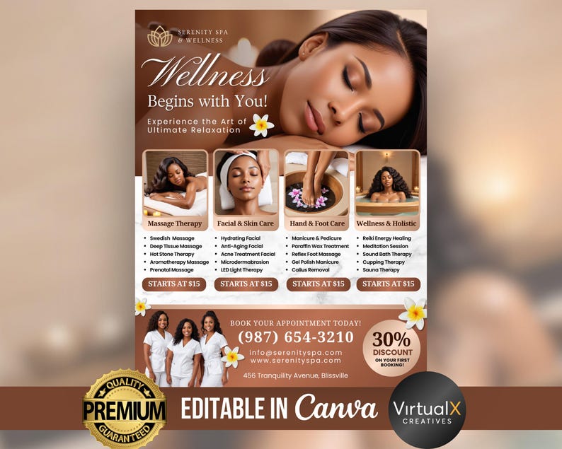 K&ouml;nnte beinhalten: Ein Flyer f&uuml;r Serenity Spa & Wellness, der eine Frau zeigt, die eine Massage erh&auml;lt. Der Flyer wirbt f&uuml;r verschiedene Spa-Dienstleistungen, darunter Massagetherapie, Gesichtsbehandlungen, Hand- und Fu&szlig;pflege sowie Wellness-Behandlungen. Der Flyer enth&auml;lt auch die Kontaktdaten des Spas und ein Angebot f&uuml;r einen Rabatt von 30%.