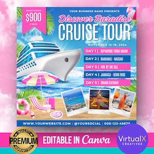 Flyer de viagem de cruzeiro, modelo de viagem de negócios de férias de cruzeiro, convite de barco e iate, convite editável do Canva, flyer de itinerário de festa de aniversário