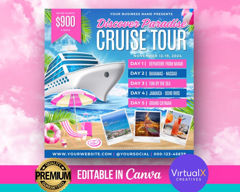 May include: A pink and blue flyer advertising a cruise tour called "Discover Paradise Cruise Tour" with a white cruise ship, palm trees, and a beach scene. The tour dates are November 12-19, 2024. The flyer includes the text "Rates start at $900 for 8 days".