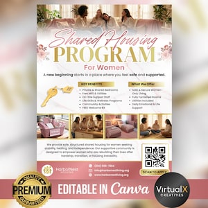 Könnte beinhalten: Werbeplakat für ein Wohngemeinschaftsprogramm für Frauen. Der Text lautet "Shared Housing Program For Women" mit wichtigen Vorteilen und Angeboten. Das Plakat enthält Bilder von Frauen und einen QR-Code.