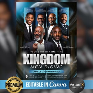 May include: A promotional flyer with a blue and black gradient background. The flyer features portraits of six men in suits, with the text "KINGDOM MEN RISING" in large, bold letters. Additional text includes event details and contact information.