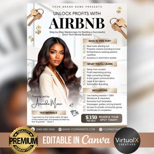 Op de afbeelding: Een promotieposter voor een Airbnb-masterclass. De poster toont een vrouw in een crèmekleurige blazer en gouden sleutels. De tekst bevat 'UNLOCK PROFITS WITH AIRBNB' en details over de cursus, getuigenissen en een prijs van €320 per stoel. De poster is bewerkbaar in Canva.